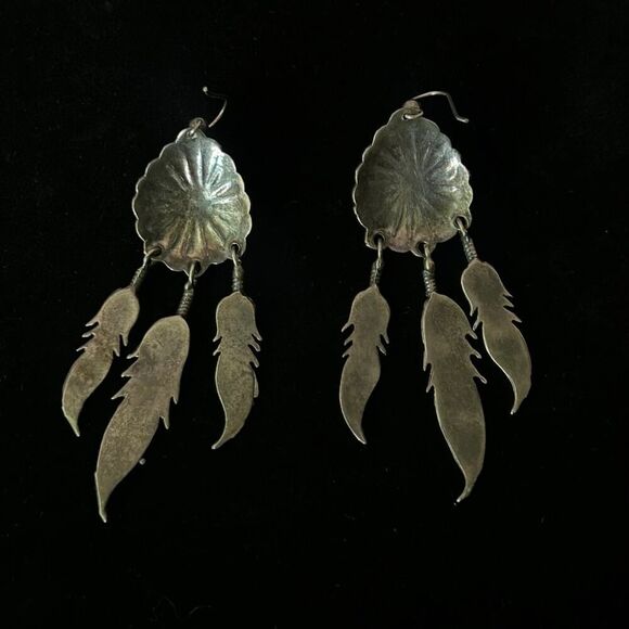 3" LONG Vintage Navajo Sterling Silver Turquoise CONCHO Feather Dangle Earrings - Picture 2 of 6